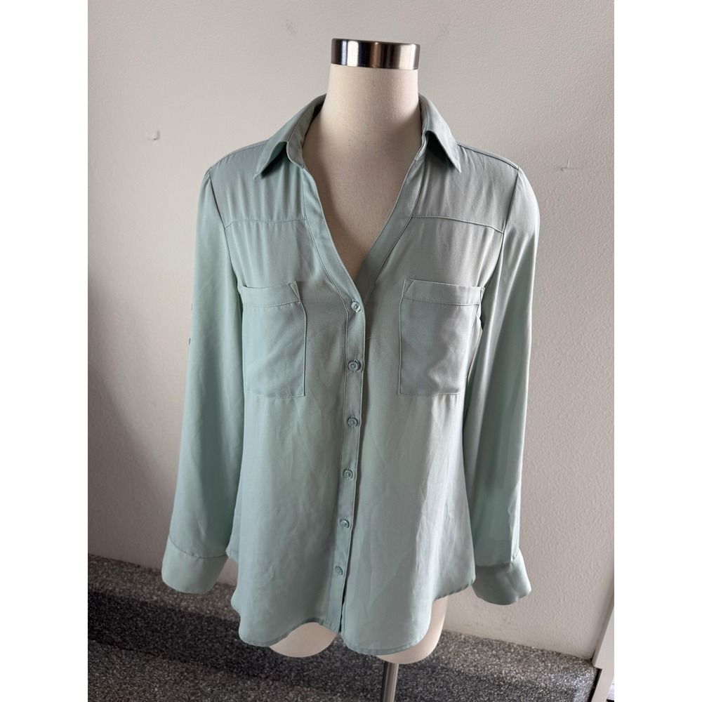 Express Portofino Shirt Womens Medium Sage Green Roll Tab Button Up Blouse